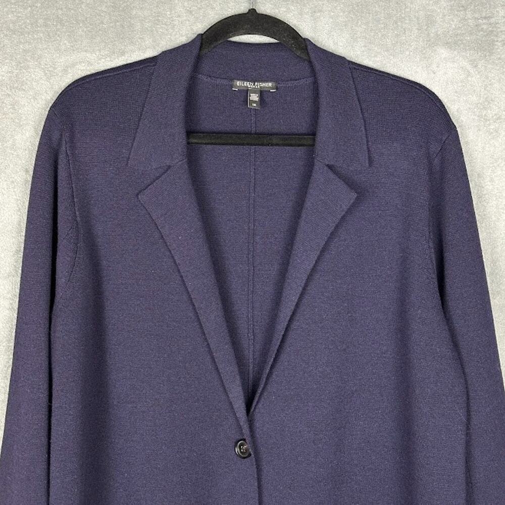 Eileen Fisher Sweater Womens 1X Navy Merino Wool Cardigan Preppy Career Neutral - Picture 2 of 11